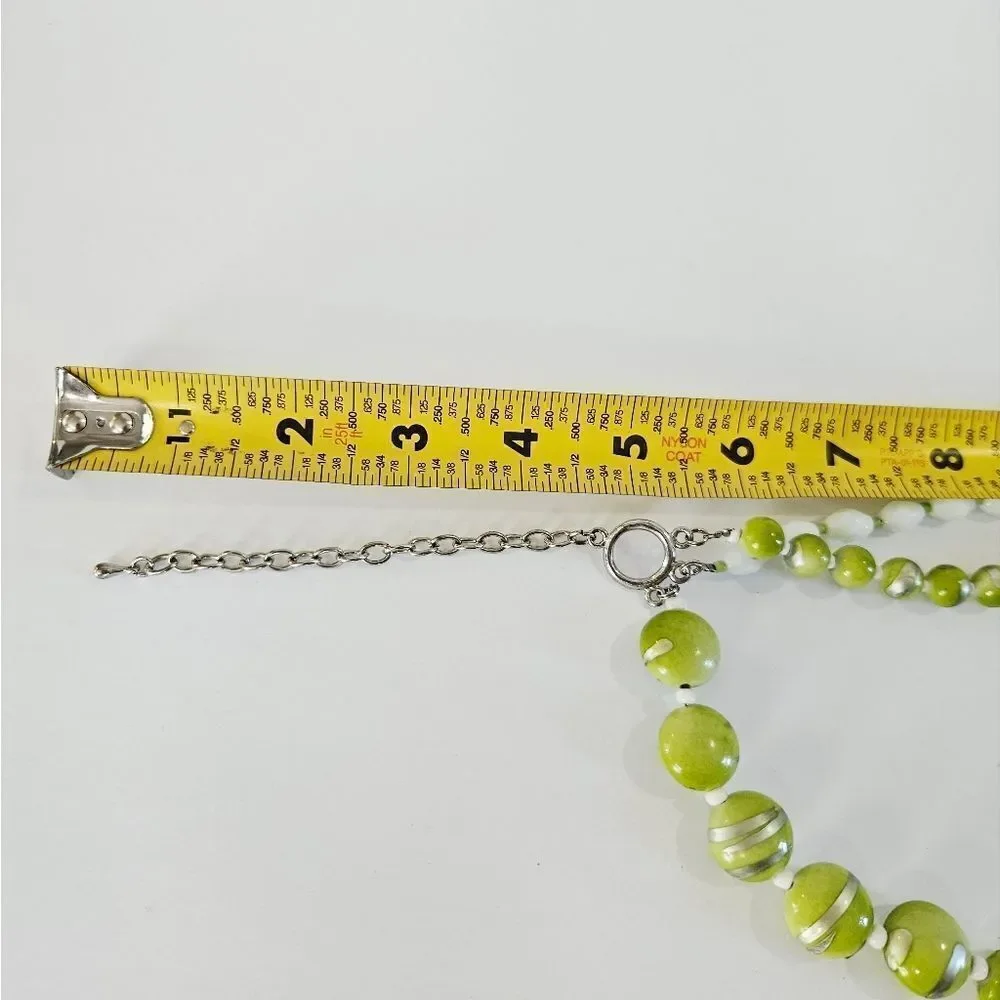 Vintage Green Tone Triple Strand Beaded Silver Tone Chain Acrylic Necklace 16